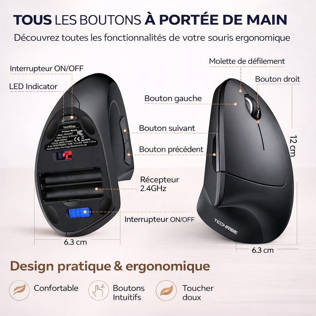 Souris Verticale Ergonomique Pro – Anti Douleur Poignet & Haute Précision