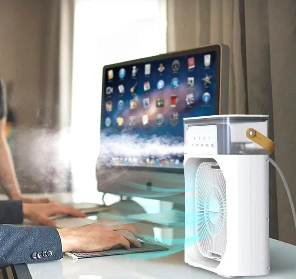 ❄️ Mini Climatiseur Puissant | Rafraîchit, Humidifie & Éclaire | Portable & Recharge USB