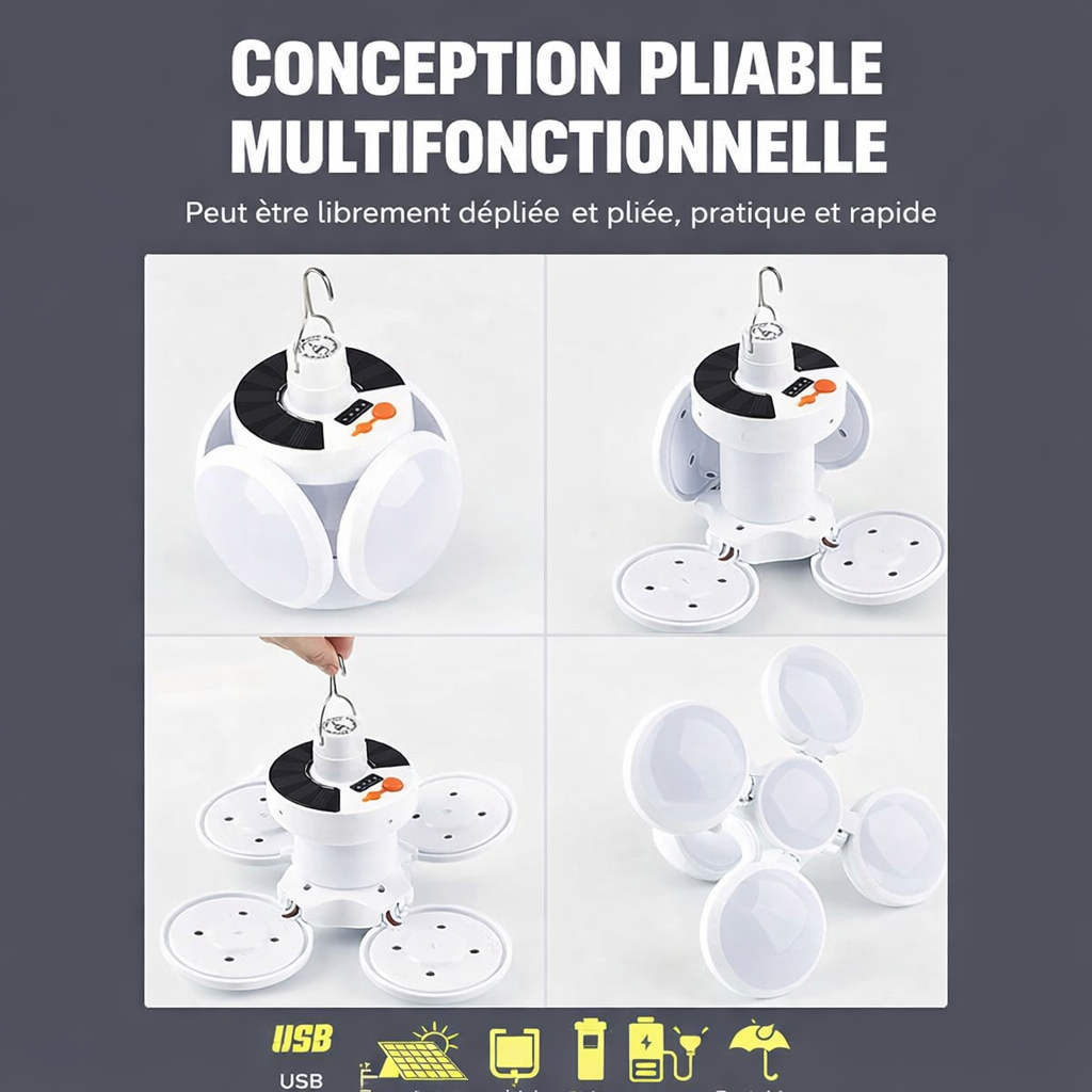 🌙 Lampe Solaire Multifonctionnelle & Pliable – Torche LED Rechargeable USB